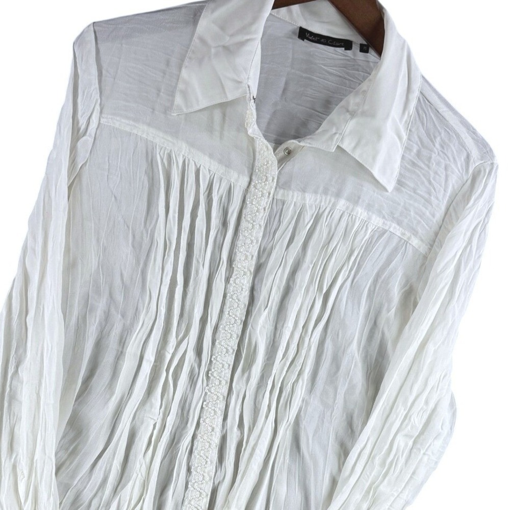 Violet & Claire Blouse Women M White Beaded Trim Long Sleeve Casual Top